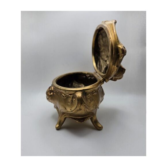 Beautiful Early 1900's Art Nouveau Ornate Gold Sculpted Rose Footed Jewelry Cask - Picture 3 of 9